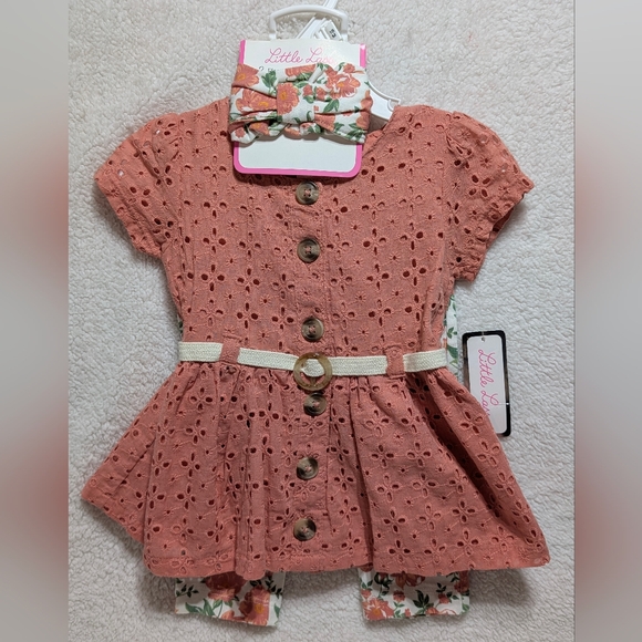 NWT Little Lass Girls 18 Month Coral Top 2 Piece Set Floral Pants Hair Bow - Picture 1 of 5